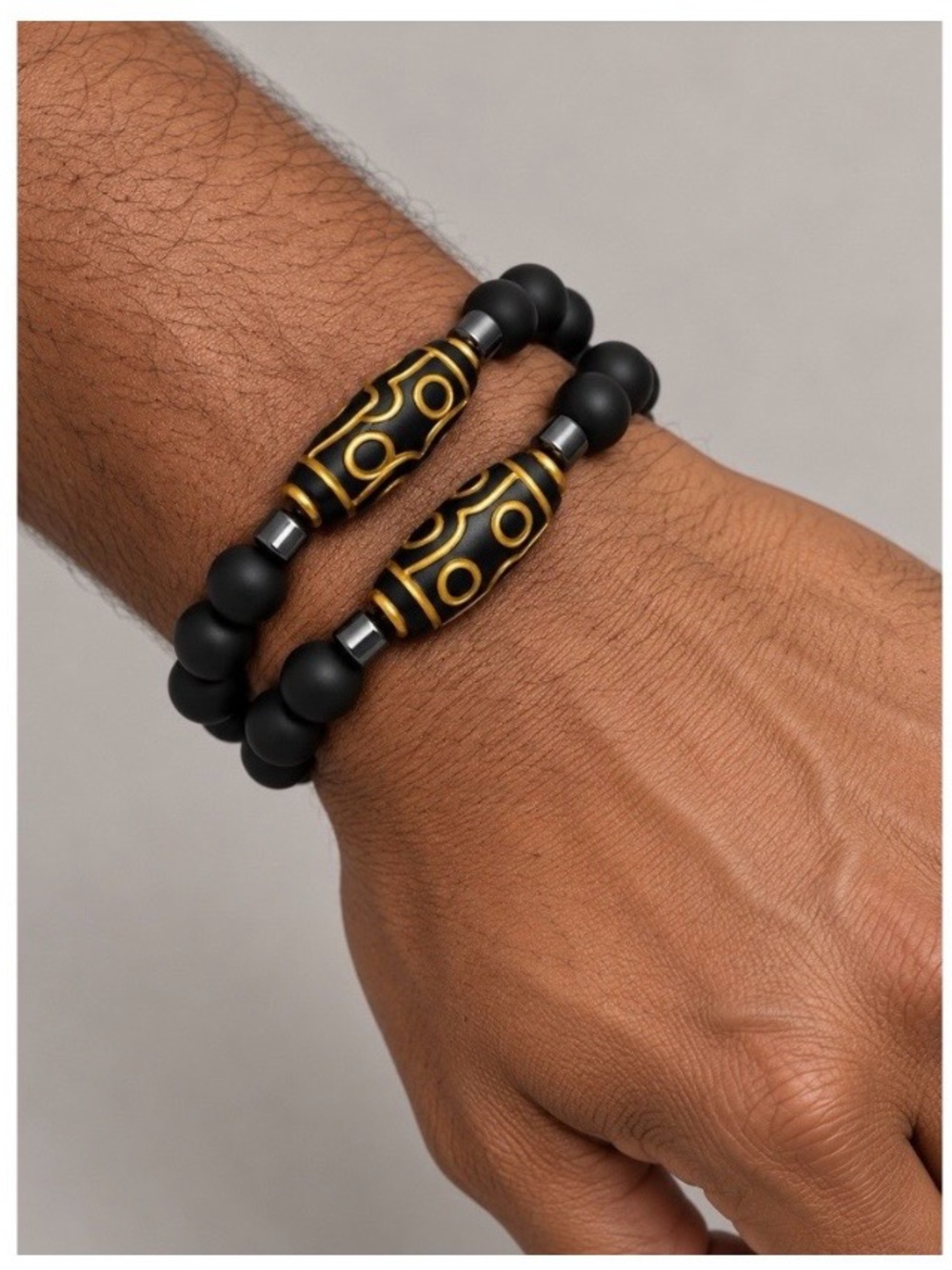 2Pcs - 6" Black/Gold Tribal Beaded Bracelet/Bangle - Elastic Stretch Adjustable